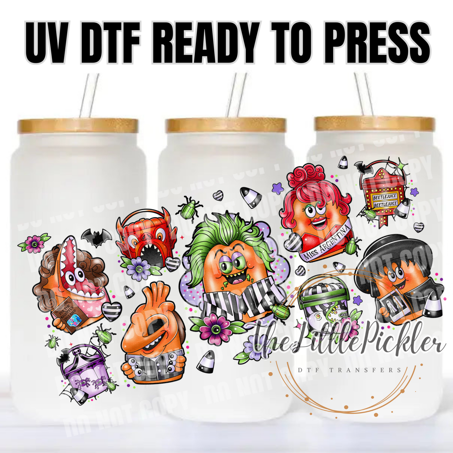 Ready to Apply UV DTF Transfer, 16oz Transfer, Favorites Transfer, BeetleJuice Characters, Heat Press