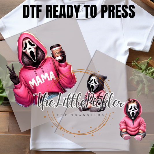 Ready to Press Pink Ghost face Mama DTF Transfers, Halloween Characters Favorites Transfer, Heat Press